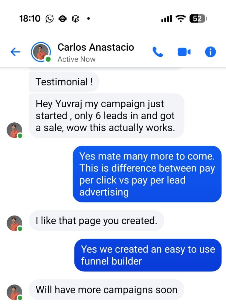 Messenger chat: advertiser gets a sale from only 6 LeadVix leads